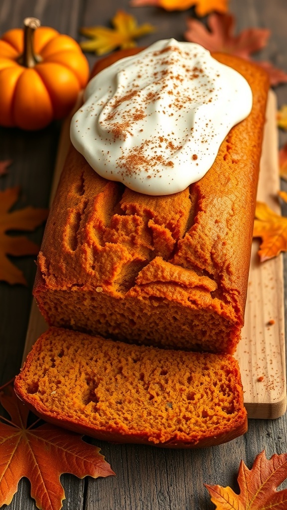 A loaf of pumpkin bread with cream cheese frosting, garnished with cinnamon, on a rustic table with autumn decorations.